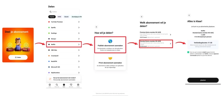 Stappenplan voor het publiek delen van een Netflix-abonnement via Spliiit door een openbare advertentie aan te maken.