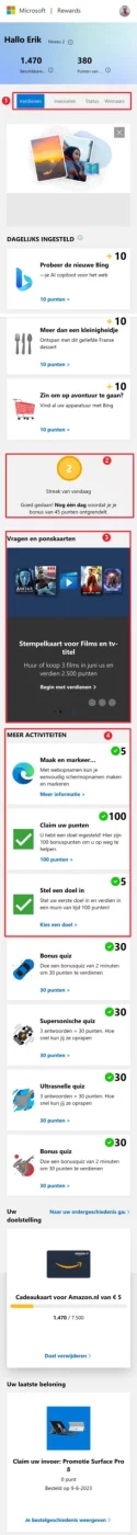 Dashboard Microsoft Rewards Het dashboard van Microsoft Rewards.