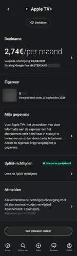 Apple TV+ abonnement delen via Spliiit voor €2,74 per maand met abonnementsgegevens en eigenaarsoverzicht.