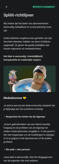 Spliiit-richtlijnen voor het veilig delen van abonnementen tussen eigenaar en mede-abonnees.