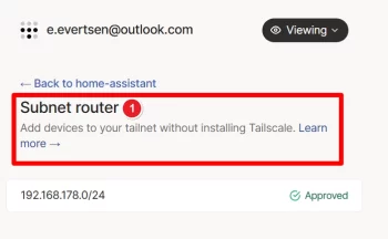 Home Assistant Tailscale-addon met instellingen voor een Subnet Router