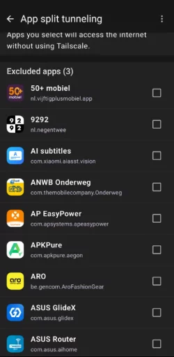 Tailscale-app met instellingen voor split tunneling en uitgesloten Android-apps