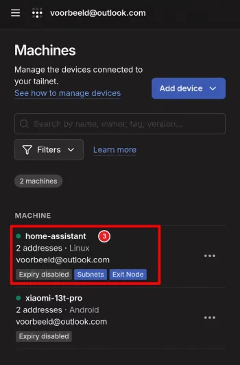 Tailscale-account met Home Assistant als Subnet Router en Exit Node